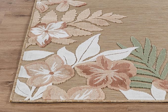 Outdoor Rug 10x14 Washable Area Rugs Indoor Outdoor Carpets Beige Border Floral Non Shedding Waterproof Easy Clean Patio Deck Porch Living Room Bedroom Garden RV (10 X 14 Beige)