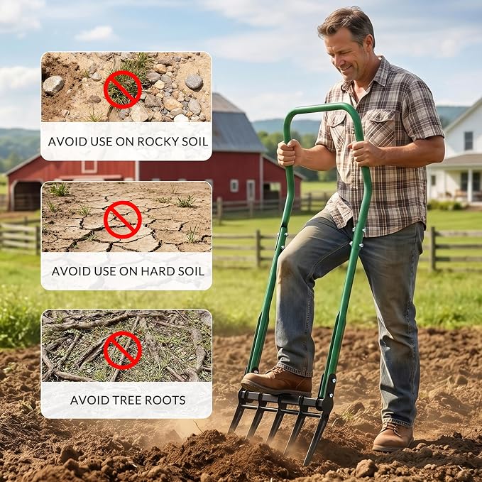 BroadFork Garden Tool, Heavy Duty 5-Tine Broad Fork Hand Tiller, Garden Pitchfork with Ergonomic U-Shaped Handle, Digging Fork for Gardening, Cultivating