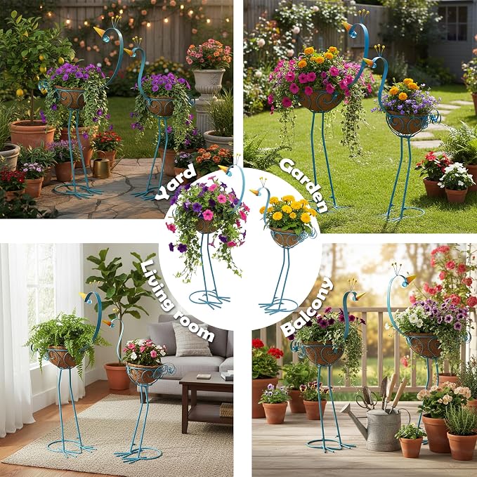 Peacock Metal Plant Stand 2 Sets Flower Pots Holders, Planters for Outdoor | J-Fly; Plants with Coconut Pots, Front Porch Garden Balcony Patio Decor for Plant, Great gift choice; Garden Lawn Yard Décor