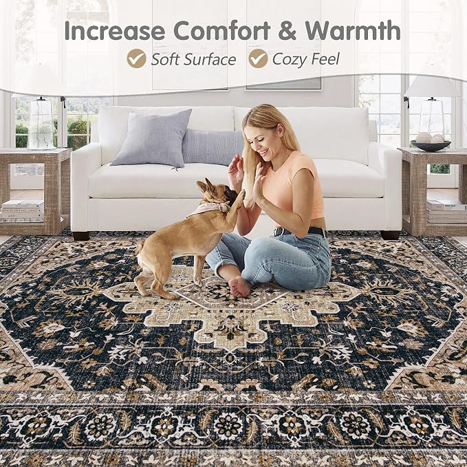 Area Rug 8x10 Vintage Rugs: Large Washable Living Room Rug Retro Medallion Distressed Soft Low Pile Non-Slip Indoor Floor Carpet for Bedroom Kitchen Nursery Dining Office (BeigeBlack, 8'x10')