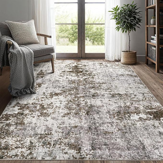 DMOYEST 5x7 Area Rug for Living Room Washable Abstract Indoor Carpet | Neutral Modern Low Pile Rugs Kid & Pet Friendly Soft Thin Carpet for Bedroom Dining Room and Office - Dark Brown
