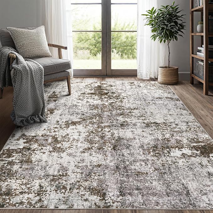 DMOYEST 6x9 Area Rug for Living Room Washable Abstract Indoor Carpet | Neutral Modern Low Pile Rugs Kid & Pet Friendly Soft Thin Carpet for Bedroom Dining Room and Office - Dark Brown