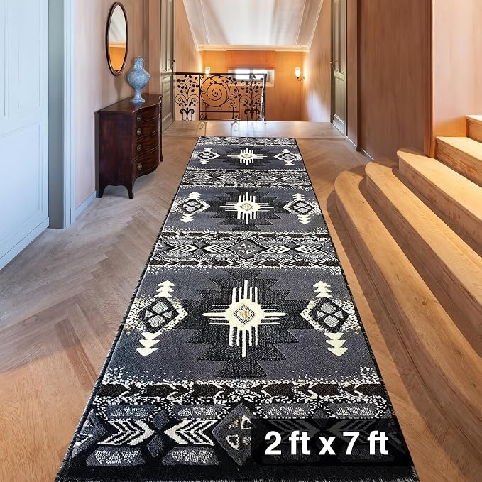 YHSF Southwest Native American Area Rug – Thick, Soft, Durable & Easy to Maintenance Tribal Design Boho Rug– Ideal for Bedroom, Living Room & Hallway - Grey, 2 Feet x 7 Feet
