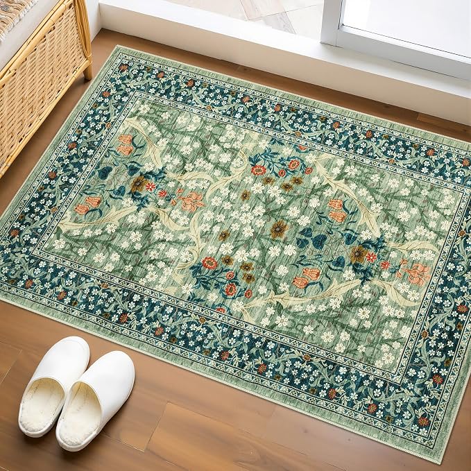 GarveeHome Sage Green Floral 2x3 Washable Rug Small Door Mat | Vintage Stain Resistant Rugs for Entryway Hallway Bedroom Bathroom Low-Pile Non-Slip Soft Botanical Boho Rug TPE Backing