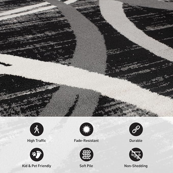 Rugshop Wavy Circles Modern Non-Shedding Living Room Round Rug Black 6'6" | Round, Bedroom, Dining Room, Home Office, Kitchen, Entryway, Hallway, Nursery, Kids Room, Guest Room, High Traffic Area