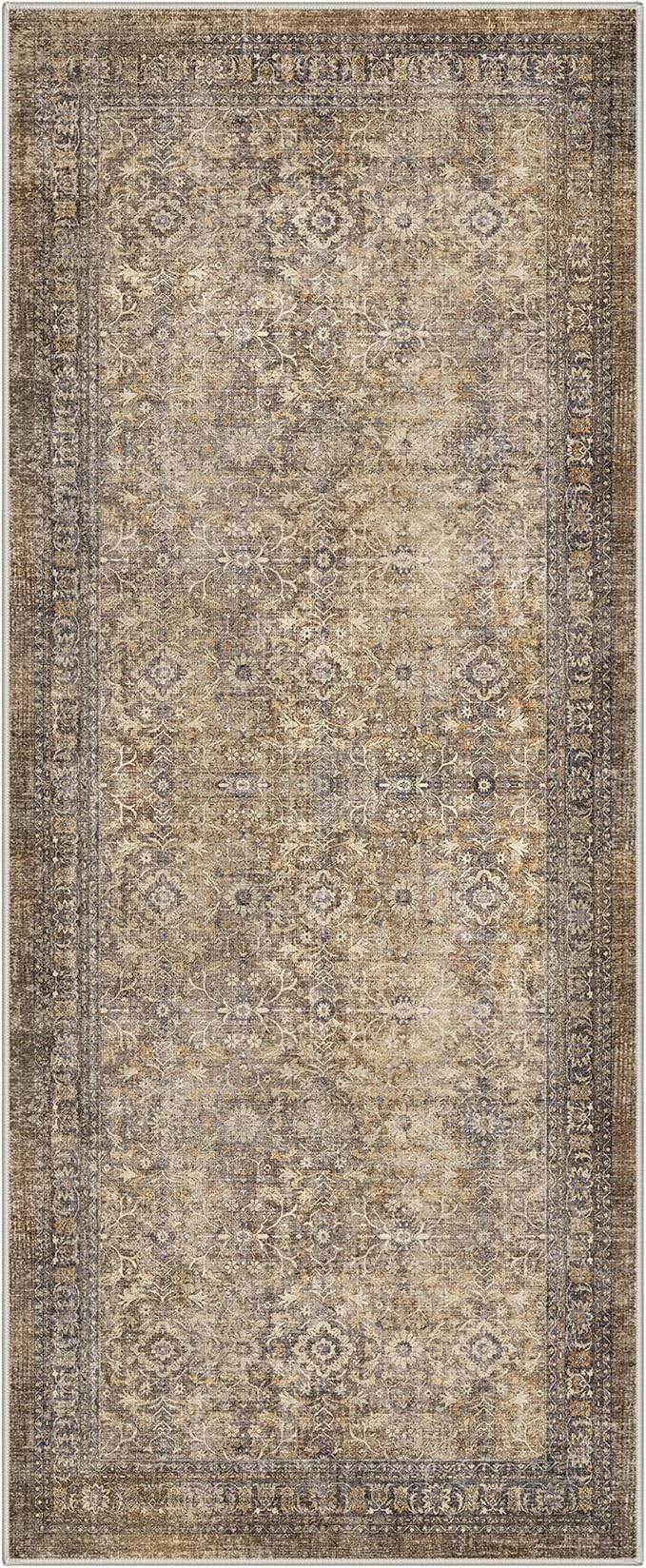 2X5 Washable Hallway Runner Rug, Boho Vintage Floral Non Slip | Dusty Taupe Floral Runner, Soft Faux Wool Rug for Corridor Kitchen Entryway, Stain Resistant, Pet-Friendly, Non-Shedding