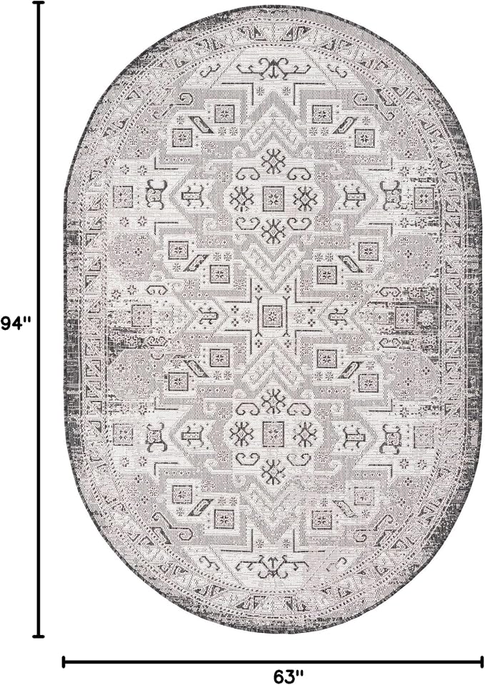 Unique Loom Outdoor Aztec Collection Area Rug - Coba (5' 3" x 7' 10" Oval, Charcoal Gray/ Ivory)