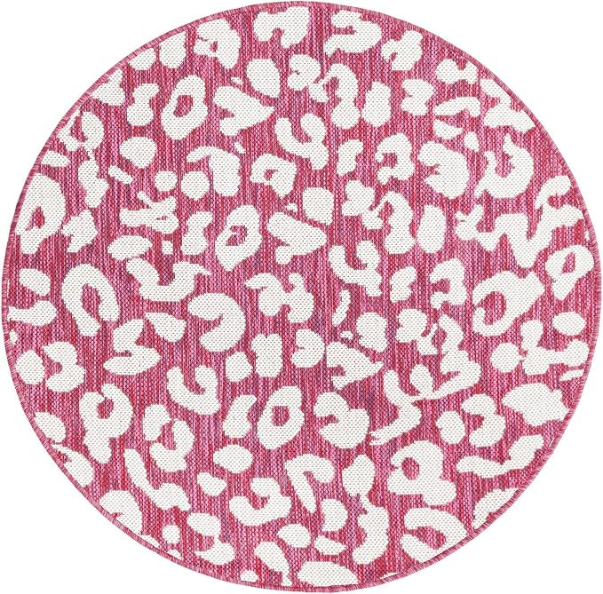 Unique Loom Outdoor Safari Collection Area Rug - Leopard (3' Round, Magenta/ Ivory)