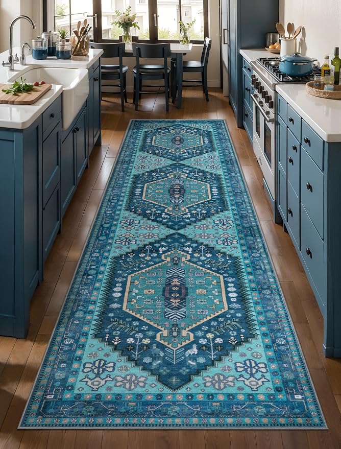 Ciicool Long Washable Runners Area Rug for Hallways,Ultra Soft 2x8ft Carpet | Oriental Non-Slip Teal Indoor Mat Vintage Entry Rugs for Kitchen Entryway Bedroom Bedside Living Room Laundry Bathroom Decor