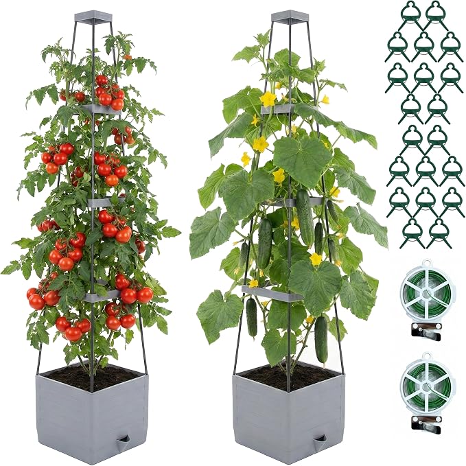 Tomato Planter with Trellis 57", 2-Pack Self Watering Raised Garden Bed with Trellis, Tomato Cages for Garden, Tomato Pots for Growing Tomatoes, Vegetable Planter, Tomato Plant Support Cage