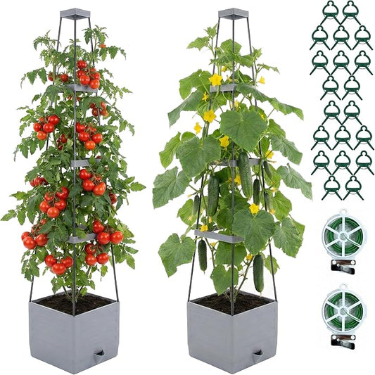 Tomato Planter with Trellis 57", 2-Pack Self Watering Raised Garden Bed with Trellis, Tomato Cages for Garden, Tomato Pots for Growing Tomatoes, Vegetable Planter, Tomato Plant Support Cage