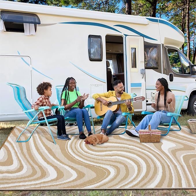 Garvee Porch Rugs Outdoor Waterproof 8x10 Outdoor Camping Rug, Modern Plastic Straw Rugs with Portable Bag, Reversible UV Resistant Outside Rug for Picnic Backyard Deck RV Balcony Camper, Light Brown