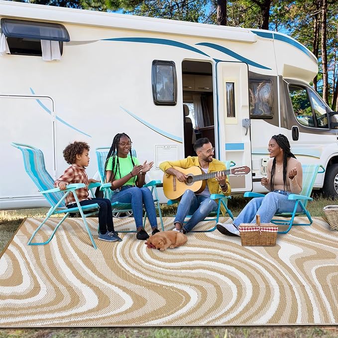 Garvee Porch Rugs Outdoor Waterproof 9x18 Outdoor Camping Rug, Modern Plastic Straw Rugs with Portable Bag, Foldable Reversible UV Resistant Outside Rug for Picnic Backyard Deck RV, Light Brown