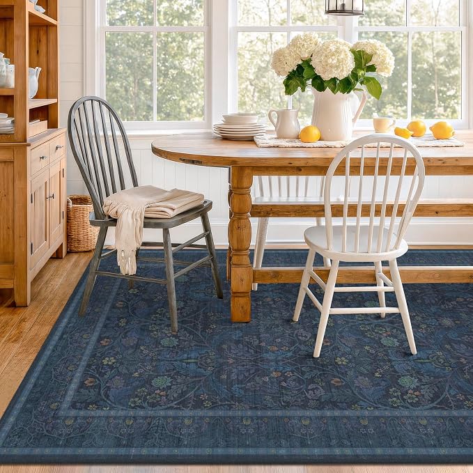 6x9 Rugs for Living Room Non Slip, Low Pile Soft Navy Blue Rugs for Bedroom, Floral Washable Dining Room Carpet, Dark Blue Victorian Mats