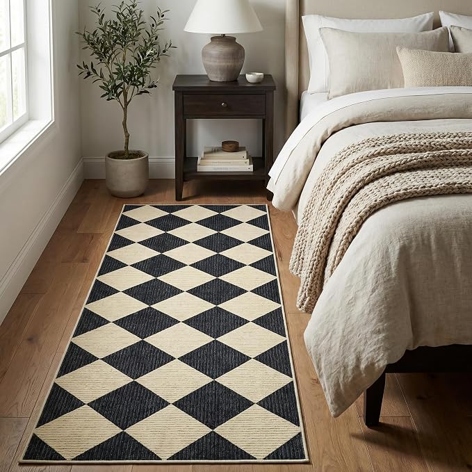 GarveeHome Checkered Rug Runners 2x6 Non Slip Kitchen Runner for Hallway | Soft Black and Brown Diamond Print Entryway Rug Thin Laundry Mat Stain Resistant Carpet for Bedroom Bathroom Beside