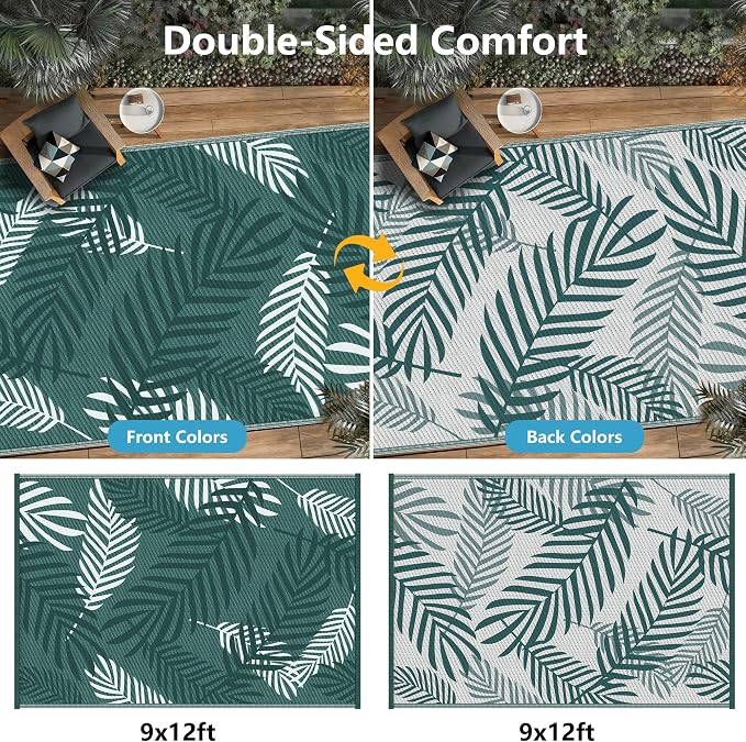 Kohree Outdoor Rug Waterproof 9x12, Reversible Outdoor Plastic Straw Rug with Leaf Pattern, Easy-Cleaning RV Mat Carpet for Patio,Porch, Camping, Balcony, Deck, Backyard, Green