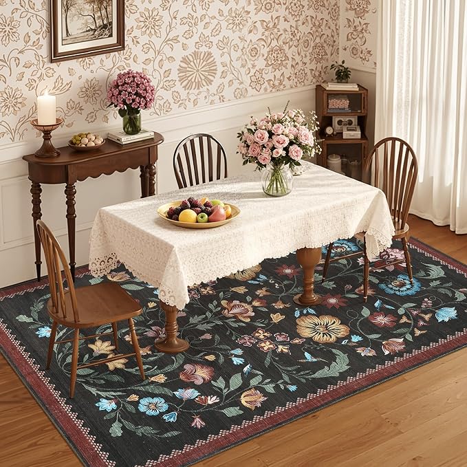 GarveeHome Washable Rug 3x5 Area Rugs for Living Room, Floral Rug for Bedroom, Soft Boho Non Slip Throw Rugs with Rubber Back, Low Pile Stain Resistant Vintage Floral Carpet for Dining Room, Red