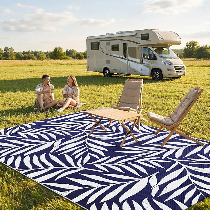 Smiry Outdoor Rug 5x8 ft, Waterproof Reversible Plastic Straw Rugs, Outdoor Area Rug with Leaf Pattern, Outside Floor Mat for Patio, Backyard, Deck, Picnic, Beach, Camping, Navy & White