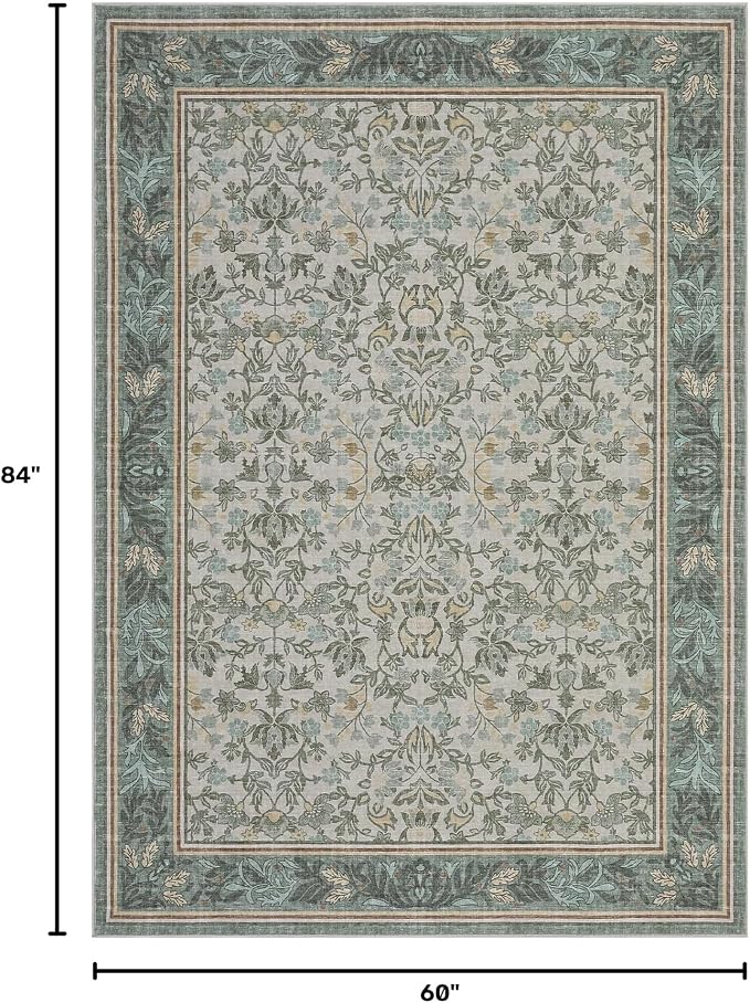 GarveeHome 5x7 Area Rugs for Living Room: Washable Bedroom Rug Sage Green | Boho Vintage Non Slip Soft Low Pile Stain Resistant Indoor Carpet for Farmhouse Dining Room Nursery Home Office