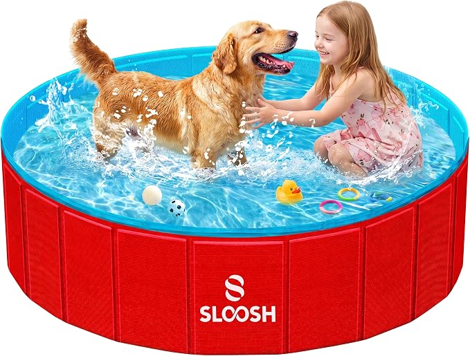 SLOOSH Foldable Dog Kiddie Pool - Portable Hard Plastic Doggie Swimming Pool, Anti-Slip Collapsible Pets Bath Tub Suitable for Kids Indoor Outdoor Backyard Use (Red, 48" x 12")