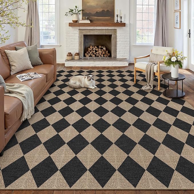 PureCozy 8x10 Checkered Easy Jute Area Rug for Living Room Large Checkerboard Washable Indoor Outdoor Carpet Farmhouse Patio Office Mat Textured Diamond Non Slip Black Carpet for Backyard Dining Room