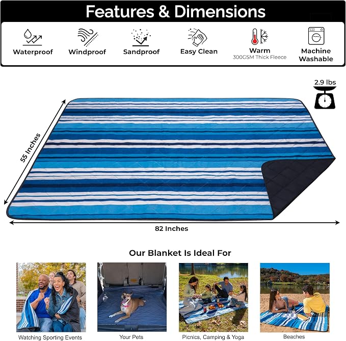 BRAWNTIDE Large Waterproof Outdoor Blanket, Extra Thick Fleece, Warm, Windproof & Sandproof, Quilted Stadium Blanket for Sports Events, Beach, Camping, Picnics, Dogs & Car, 82" x 55