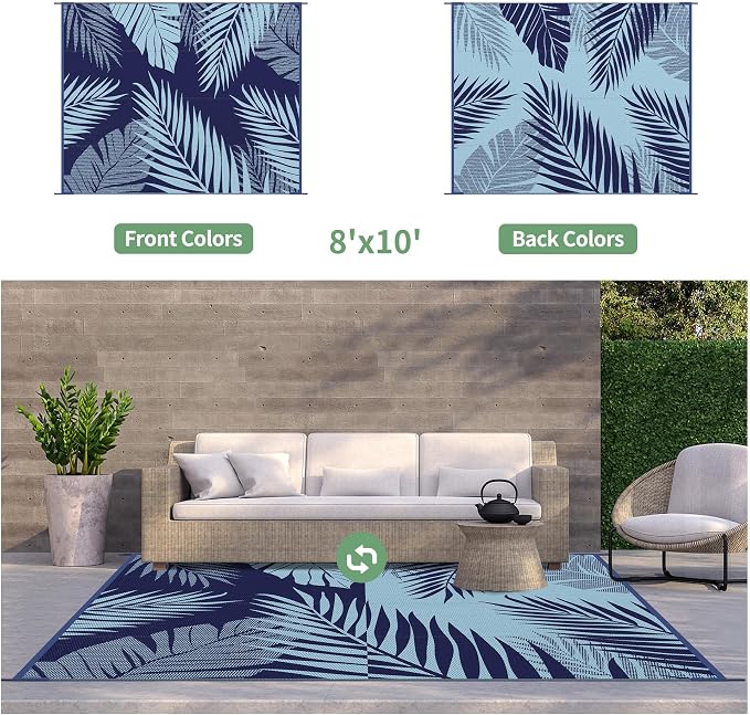 GENIMO Outdoor Rug 8' x 10' Waterproof for Patios Clearance, Reversible Outdoor Plastic Straw Camping Rug Carpet,Large Area Rugs Mats for RV,Camper,Deck,Balcony,Porch,Beach, Navy Blue & Pastel Blue