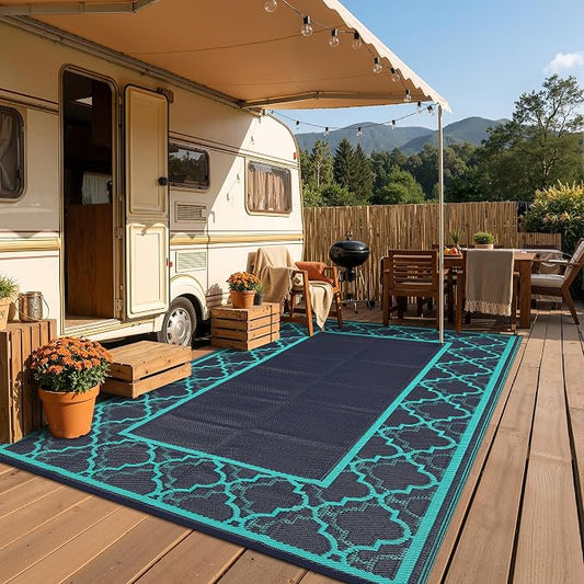Garvee Reversible Outdoor Rug 10x14, Waterproof Outdoor Plastic Straw Rug with Interlacing Pattern, RV Mat for Picnics, Patio, Camping, Balcony, Deck, Backyard, Porch, Navy