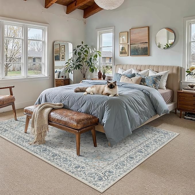 6x9 Washable Area Rug Navy Blue Non Slip Vintage Carpet | Low Pile, Stain Resistant, Living Room, Bedroom, Nursery, Office, Playroom, Dining Room, Soft, Large, Lightweight