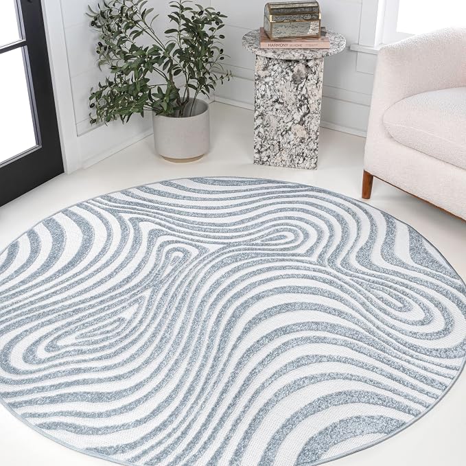 JONATHAN Y Maribo High-Low Abstract Striped Light Blue/Ivory 5' Round Indoor/Outdoor Area Rug, Pet Friendly, Non-Shedding, Stain Resistant, Easy-Cleaning for Backyard, Patio, Porch (SCN103C-5R)