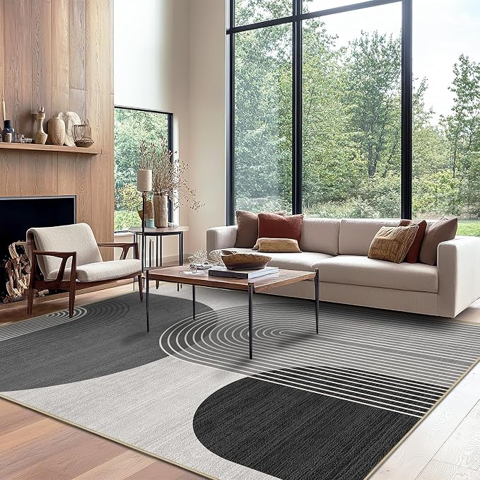 8x10 Large Area Rug for Living Room BohoRug Bohemian Rugs Machine Washable Modern Geometric Rug Non Slip Printed Low Pile Indoor Floor Carpet for Dining Room Bedroom Office,Grey and Black