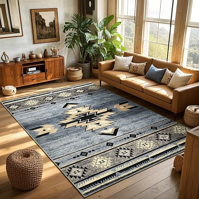 BENRON Western Rugs for Living Room Bedroom 4x6, Non Slip Washable, Grey | Southwest aztec Area Rugs for Dining Table Kitchen Home Decor, Geometric