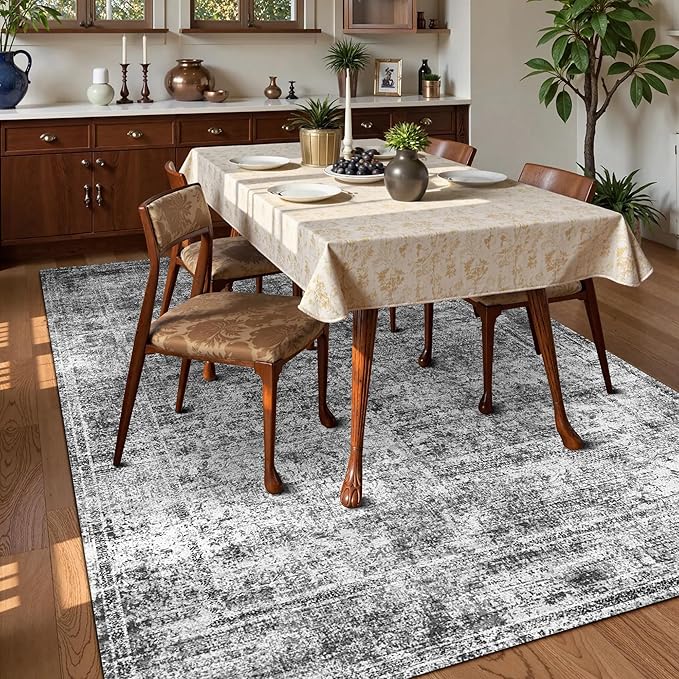 Washable Area Rug 9' x 12' Vintage Traditional Persian Mat - Foldable Distressed Non-Slip Machine Washable Carpet for Living Room Bedroom Kitchen Home Decor - Graphite and Mist