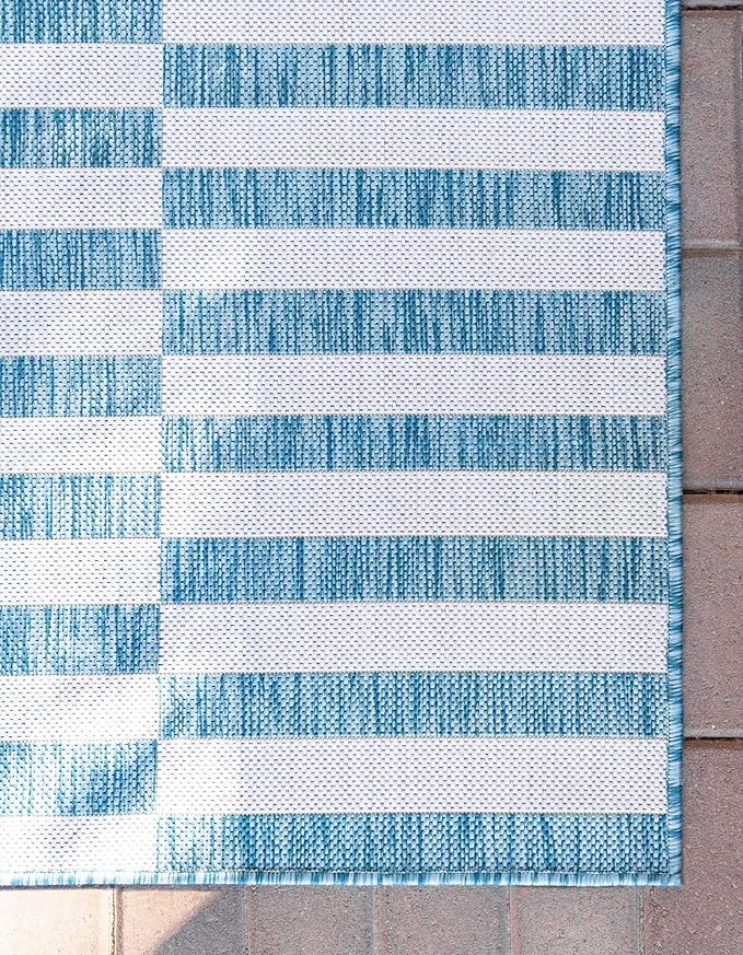 Unique Loom Outdoor Striped Collection Area Rug - Striped (2' x 6' 1" Runner, Light Aqua/Ivory)