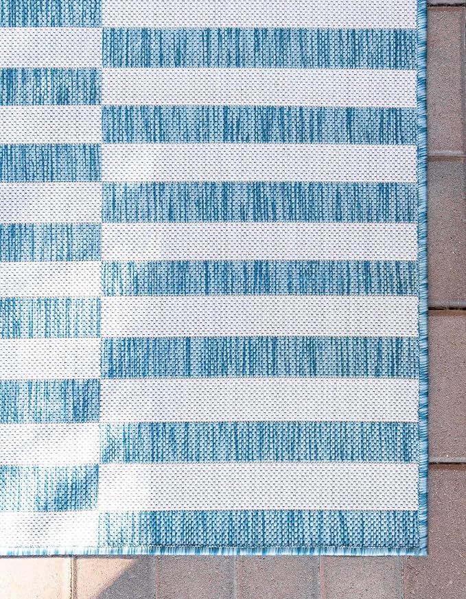 Unique Loom Outdoor Striped Collection Area Rug - Striped (9' x 12' Rectangle, Light Aqua/Ivory)