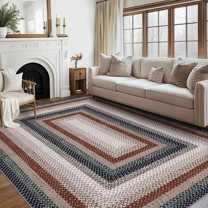 RUGSREAL 9x12 Braided Rug Washable Non Slip Living Room Bedroom Area Rugs | Modern Braid Printed Large Dining Room Rug with Rubber Backing Farmhouse Accent Carpet for Home Decor Office, Olive/Brown