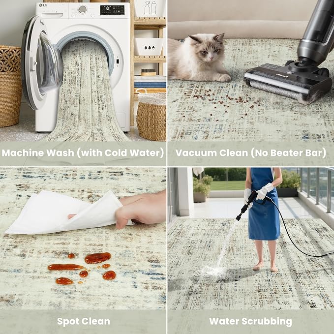 8x10 Washable Area Rug for Living Room Bedroom: Non-Slip Modern Gray White | Machine Washable TPR Backing, Stain-Resistant Low Pile, Pet & Kid Friendly, Abstract Decor for Dining Room, Dorm, Home Office