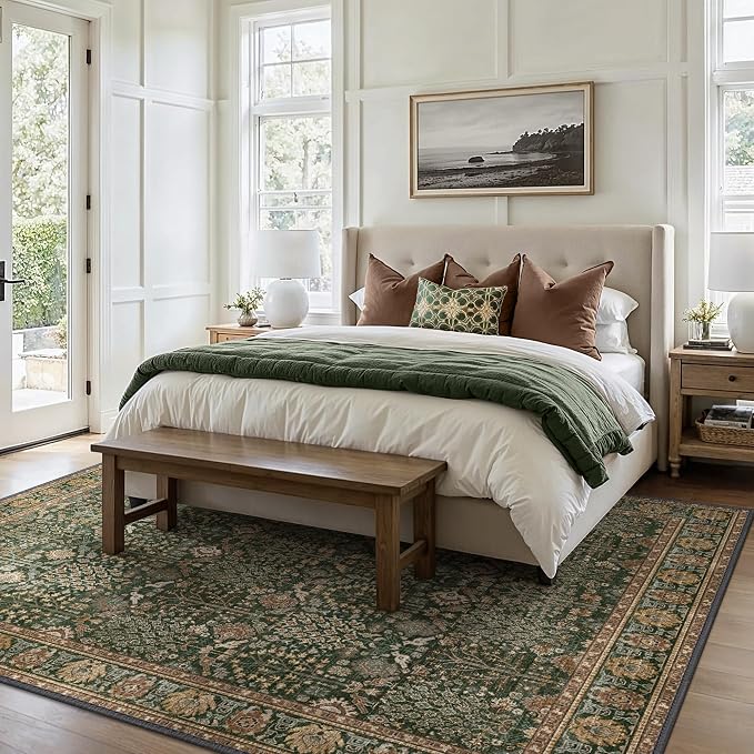Washable Rugs 8x10 for Living Room, Vintage Floral, Dark Green Brown | Spill Resistant, Lightweight, Low Pile Non-Shedding Carpet for Bedroom, Dining Room and Office