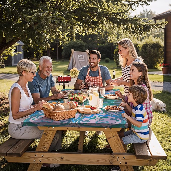 Fitted Waterproof Picnic Table Cover with Bench Covers Elastic Polyester 72in Camping Tablecloths for 6Foot Rectangle Tables Summer Fall Glamping Roadtrip Stuff Festival Vacation Items Gift