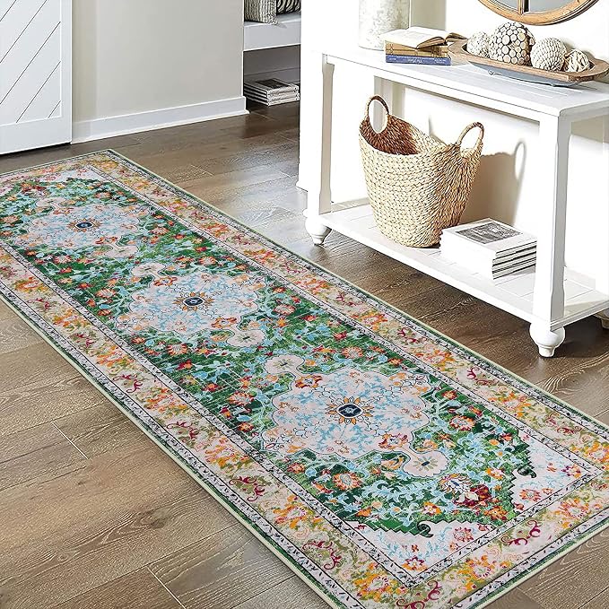 U'Artlines 2' x 8' Boho Hallway Runner Rug Non Slip Washable Runners,Green | Vintage Farmhouse Kitchen Rug Accent Area Carpet for Entryway Laundry and Living Room