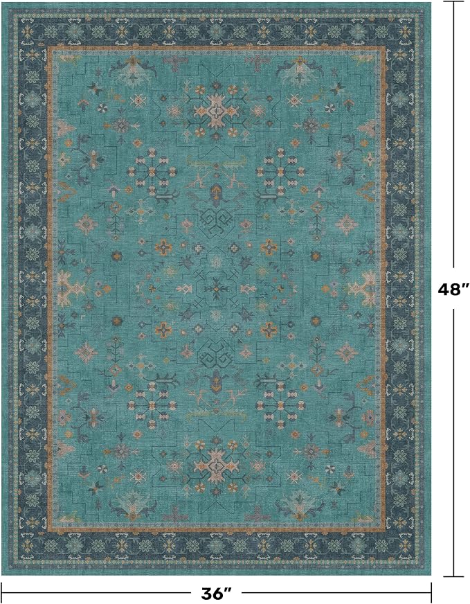 3x4 Teal Rugs for Entryway Indoor - Washable Non Skid Area Rug for Large Kitchen, Bedside, Bathroom, Mudroom, Boho Geometric Floral Design, Non Slip Low Pile Fade Resistant