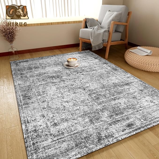 Washable Area Rug 5' x 7' Vintage Traditional Persian Mat - Foldable Distressed Non-Slip Machine Washable Carpet for Living Room Bedroom Kitchen Home Decor - Graphite and Mist
