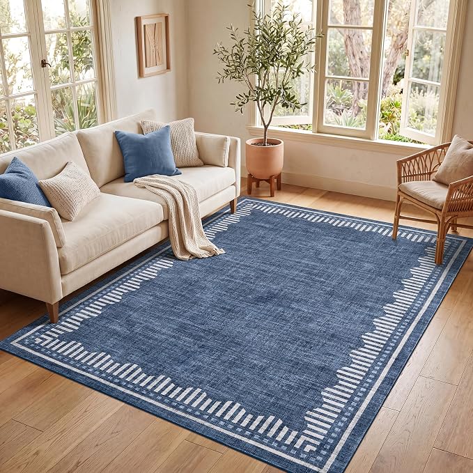 Garvee Large Bedroom 5x7 Washable Area Rugs Non Slip Blue Scalloped Rugs | Neutral Solid Color Low Pile Stain Resistant Living Room Dining Room Throw Carpet Modern Geometric Nursery Office Carpet
