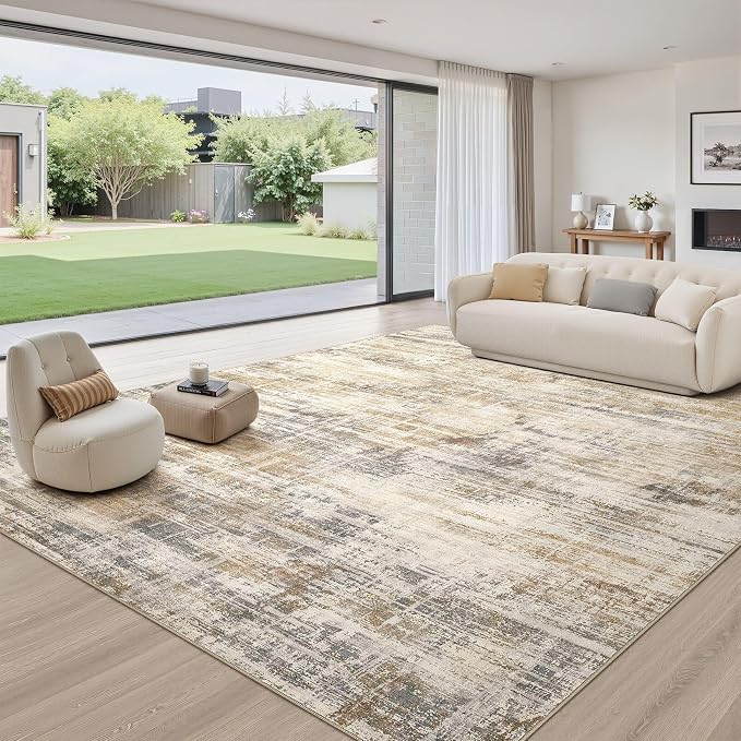 UERMEI 12x15 Area Rug for Living Room Washable Abstract Golden Brown Carpet | Extra Large Soft Low Pile Stain Resistant Non Slip Kid Pet Friendly Open Floor Plan Rug For Bedroom Dining Office