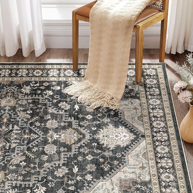 DTICON Vintage Washable 10x14 Area Rug Living Room Rugs, Black | Boho Distressed, Pet & Kid Friendly, Non-Slip Backing, Soft Polyester, Low-pile Carpet for Living Room, Bedroom, Dining Room