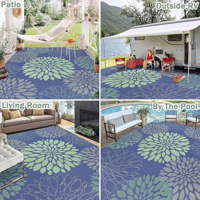 Ileading Waterproof Outdoor Rug 9x12, Reversible Plastic Straw Patio Rug, Portable Indoor Outdoor RV Camping Mat Carpet for Deck, Porch, Balcony, Backyard, Picnic, Floral Navy Blue