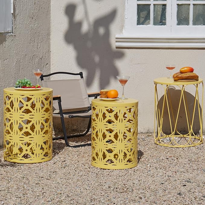 Y&M Outdoor Side Tables Set of 3, Round Metal Stacking Patio Side Tables, Indoor & Outdoor End Tables, Decorative Garden Stool Plant Stand for Patio, Garden, Balcony, Porch, Yellow
