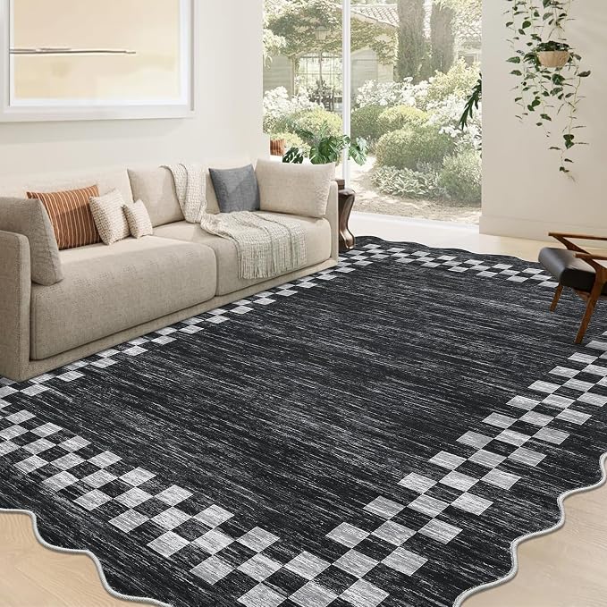 GarveeHome Scalloped Washable Rug 9x12 Area Rug for Living Room Bedroom | Modern Border Large Throw Carpet with Rubber Backing Stain Resistant Rug for Dining Room Home Decor Office, Grey