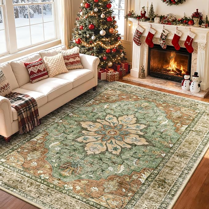 RELEANY Washable Area Rug, 6'x8', Brick/Brown/Green | Non-Slip, Water Repellent, Pet Friendly, Easy to Clean, Vintage Floral Boho Decor for Living Room Bedroom Dining Room Office