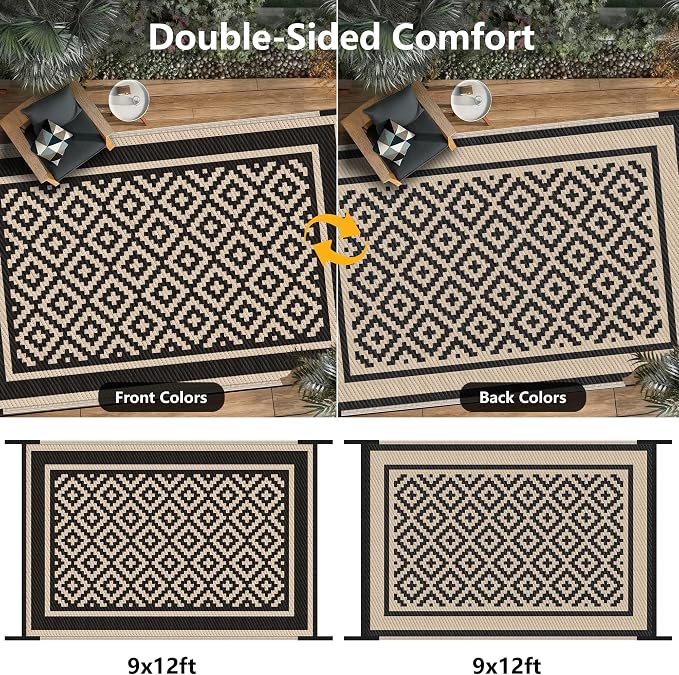 Kohree RV Outdoor Rug 9x12 Reversible, Waterproof Patio Mat with 4 Stakes & UV Fade Resistant, Non-Slip Outdoor Camping Mat for Deck, Picnic, Backyard, Includes Carry Bag (Black & Brown)
